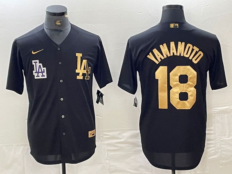 Men Los Angeles Dodgers 18 Yamamoto Black gold 4 th generation Nike 2024 MLB Jersey style 2